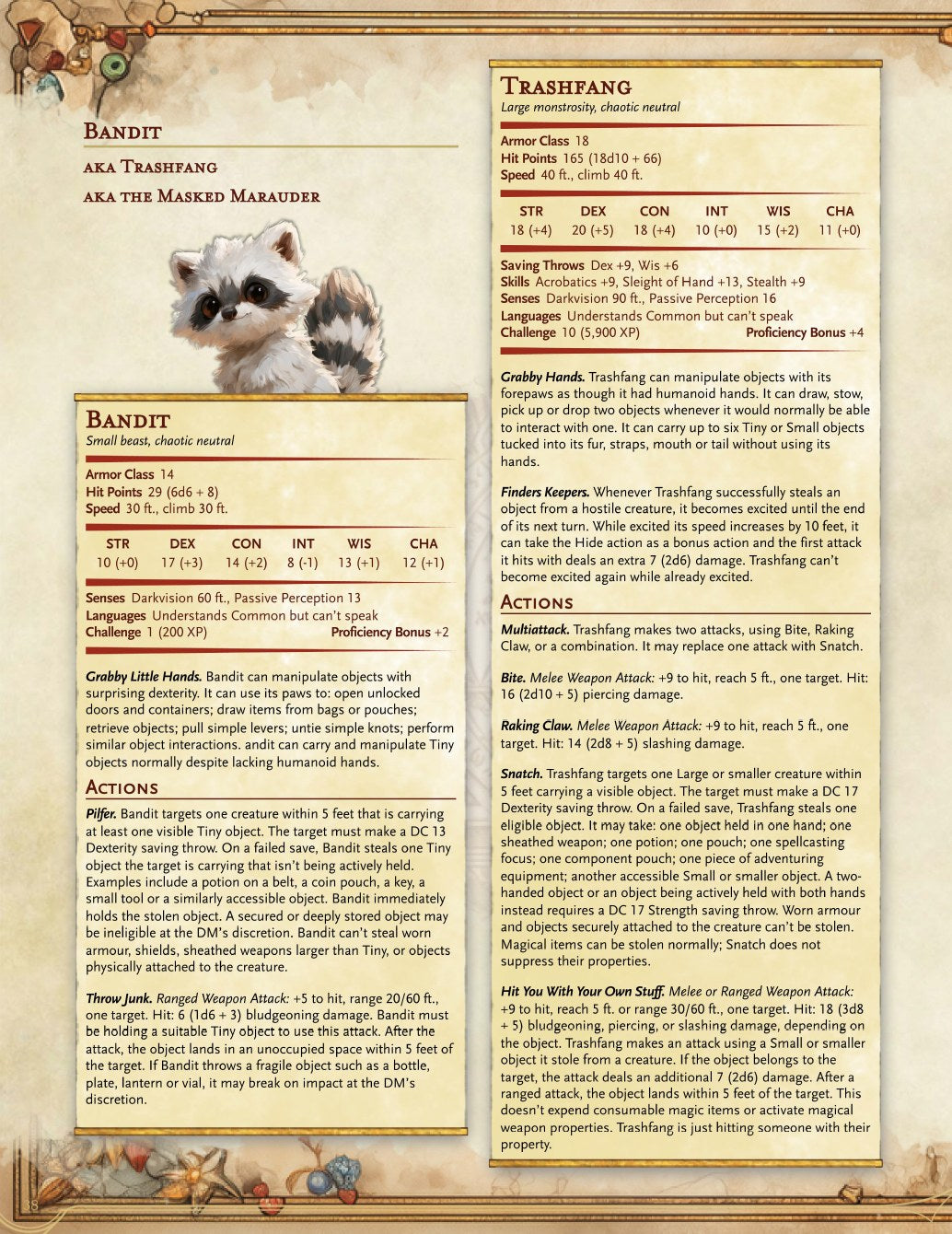 A Little Familiar sample page: Bandit the raccoon familiar and his CR 10 form, Trashfang