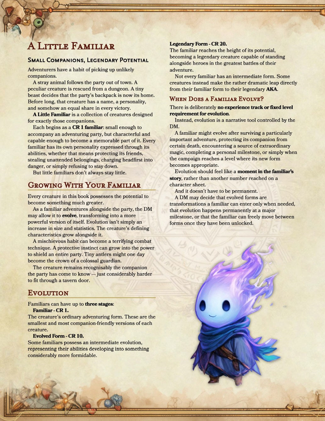 A Little Familiar introduction page explaining how familiars evolve from CR 1 to CR 20