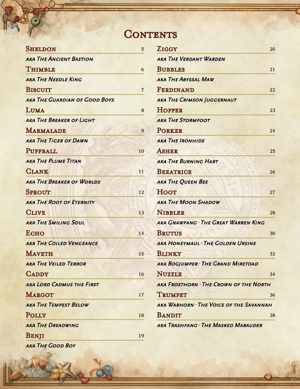 A Little Familiar contents page listing all 29 familiars and their legendary forms