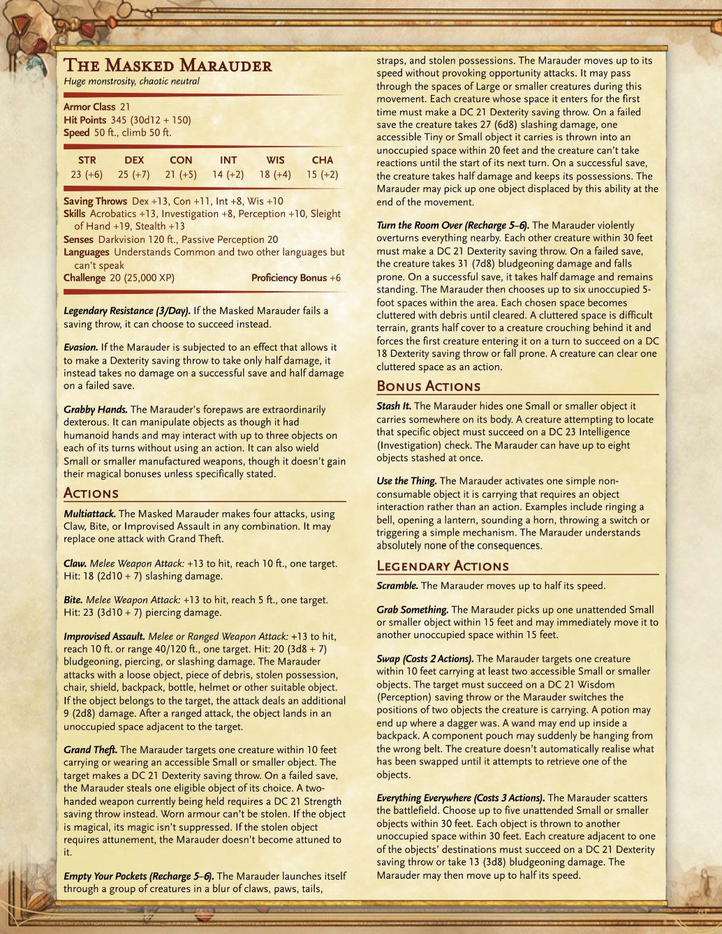 A Little Familiar sample page: The Masked Marauder, Bandit's CR 20 legendary form