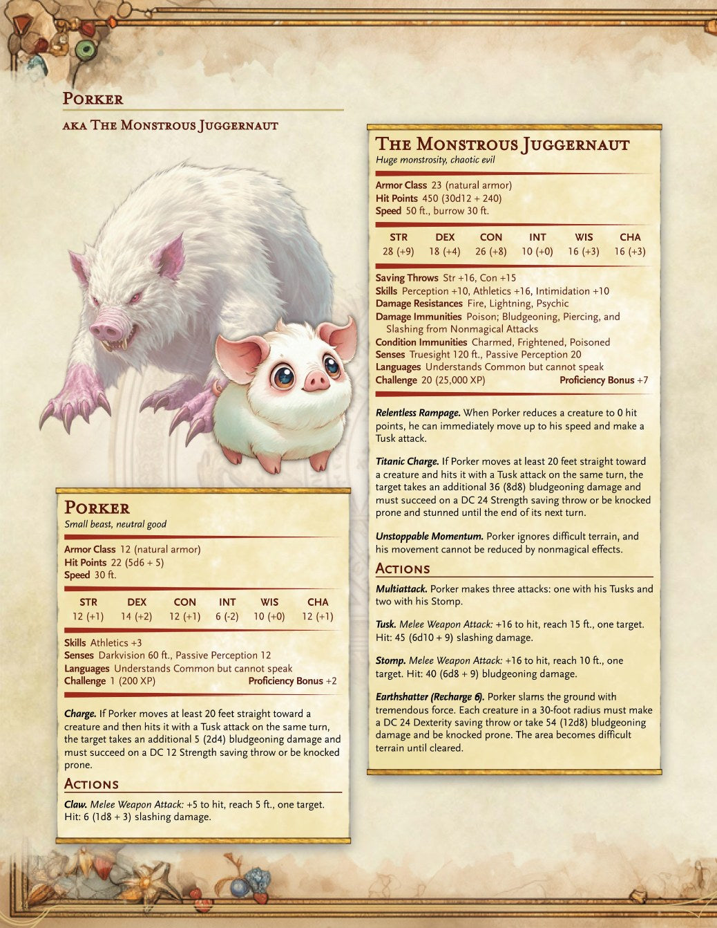 A Little Familiar sample page: Porker and his legendary form, The Monstrous Juggernaut