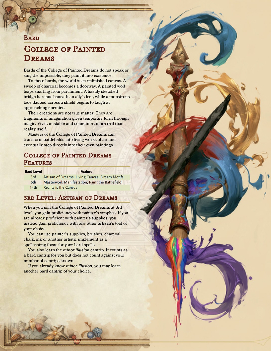 Archetypes Unbound College of Painted Dreams bard sample page
