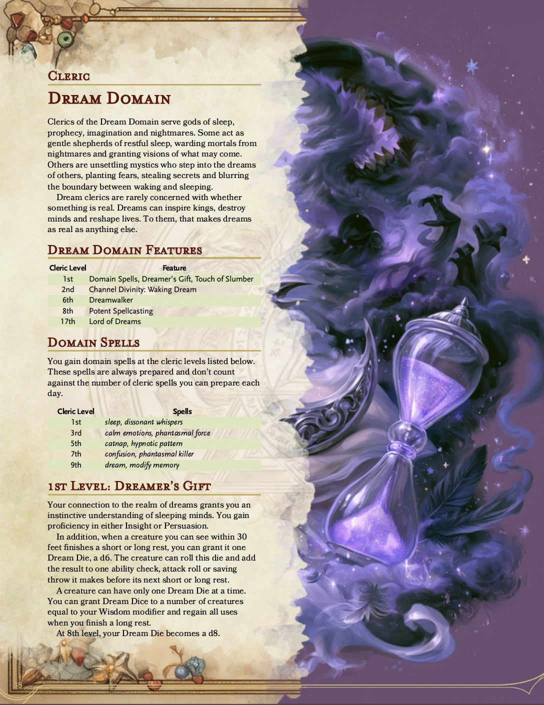 Archetypes Unbound Dream Domain cleric sample page