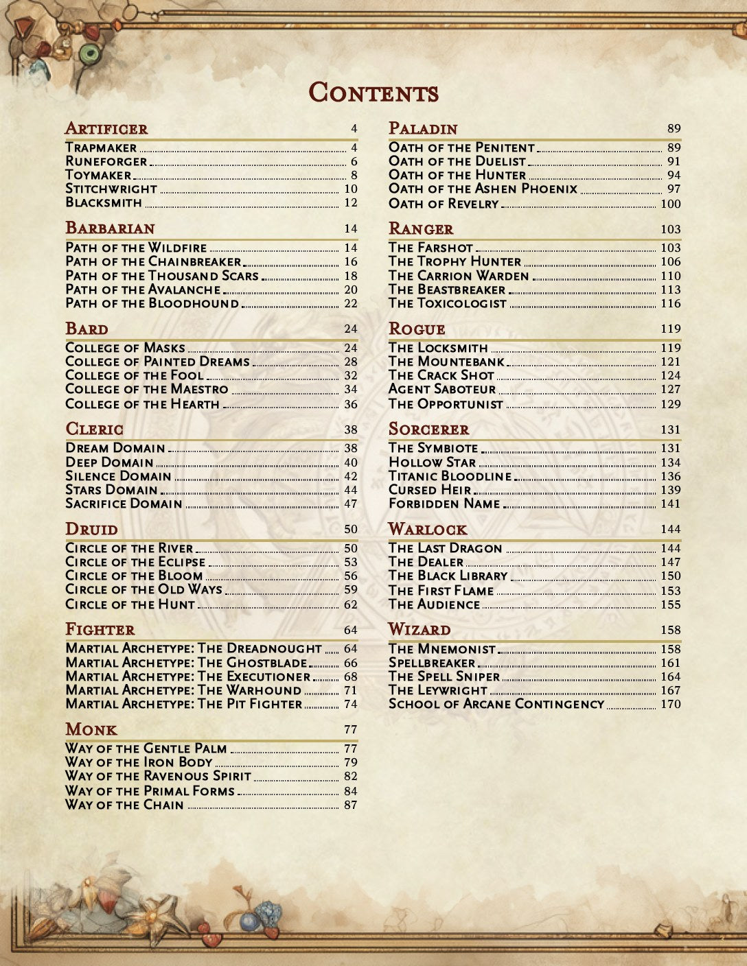 Archetypes Unbound contents page listing all 65 subclasses