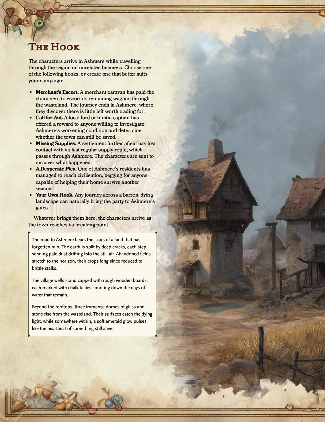 Gardens & Graves sample page: the hooks and the road into Ashmere