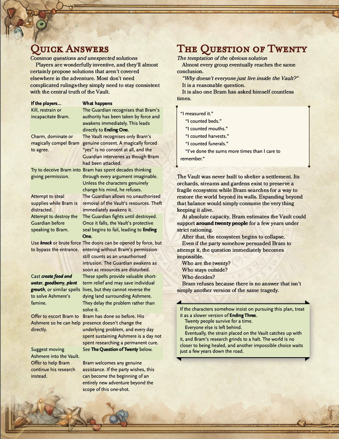 Gardens & Graves sample page: Quick Answers for clever player solutions, and The Question of Twenty