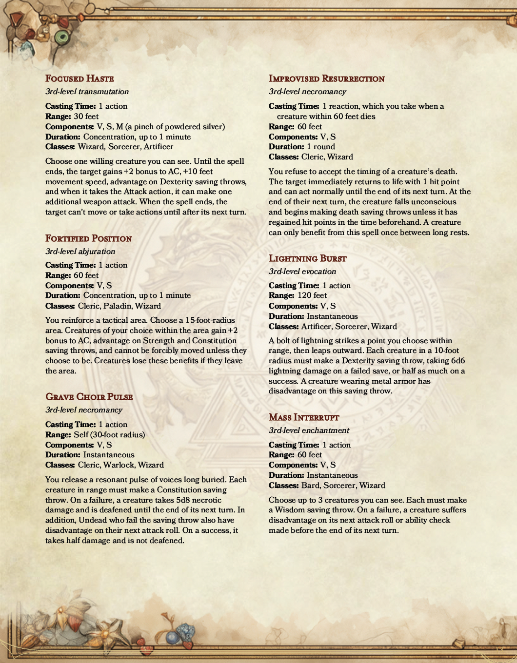 The Codex Arcanum 3rd level spells sample page