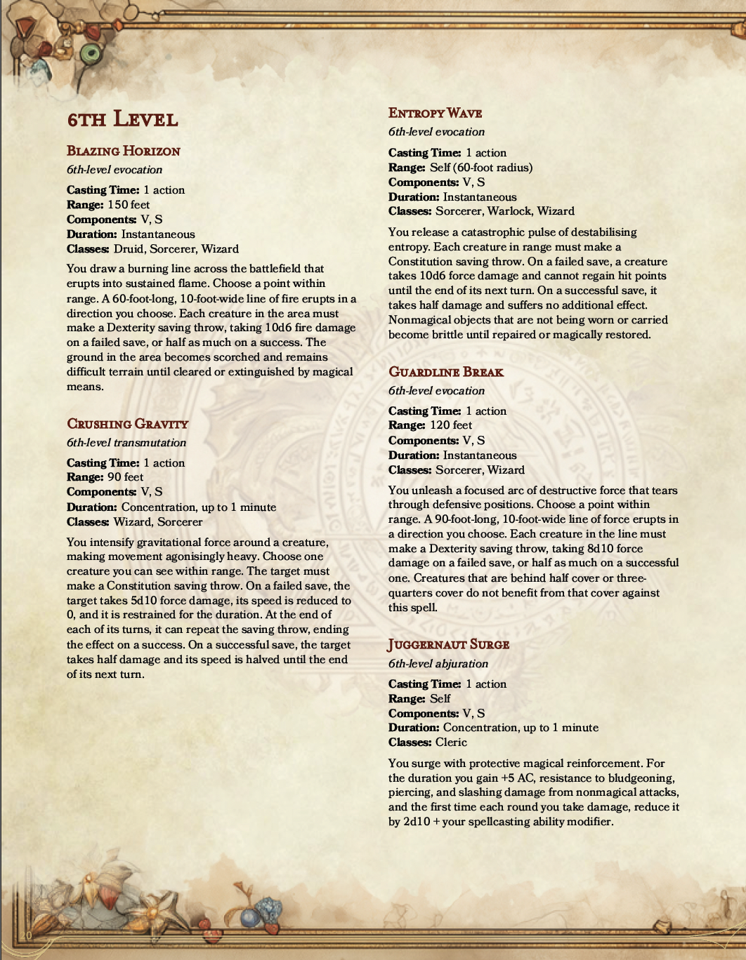 The Codex Arcanum 6th level spells sample page