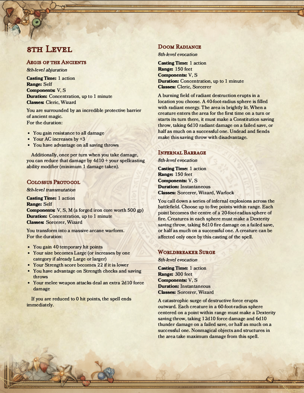 The Codex Arcanum 8th level spells sample page
