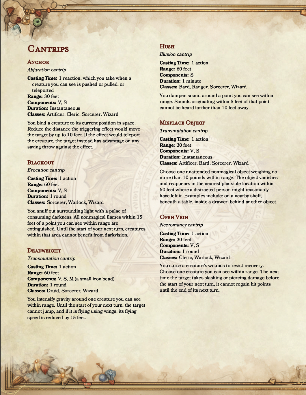 The Codex Arcanum cantrips sample page