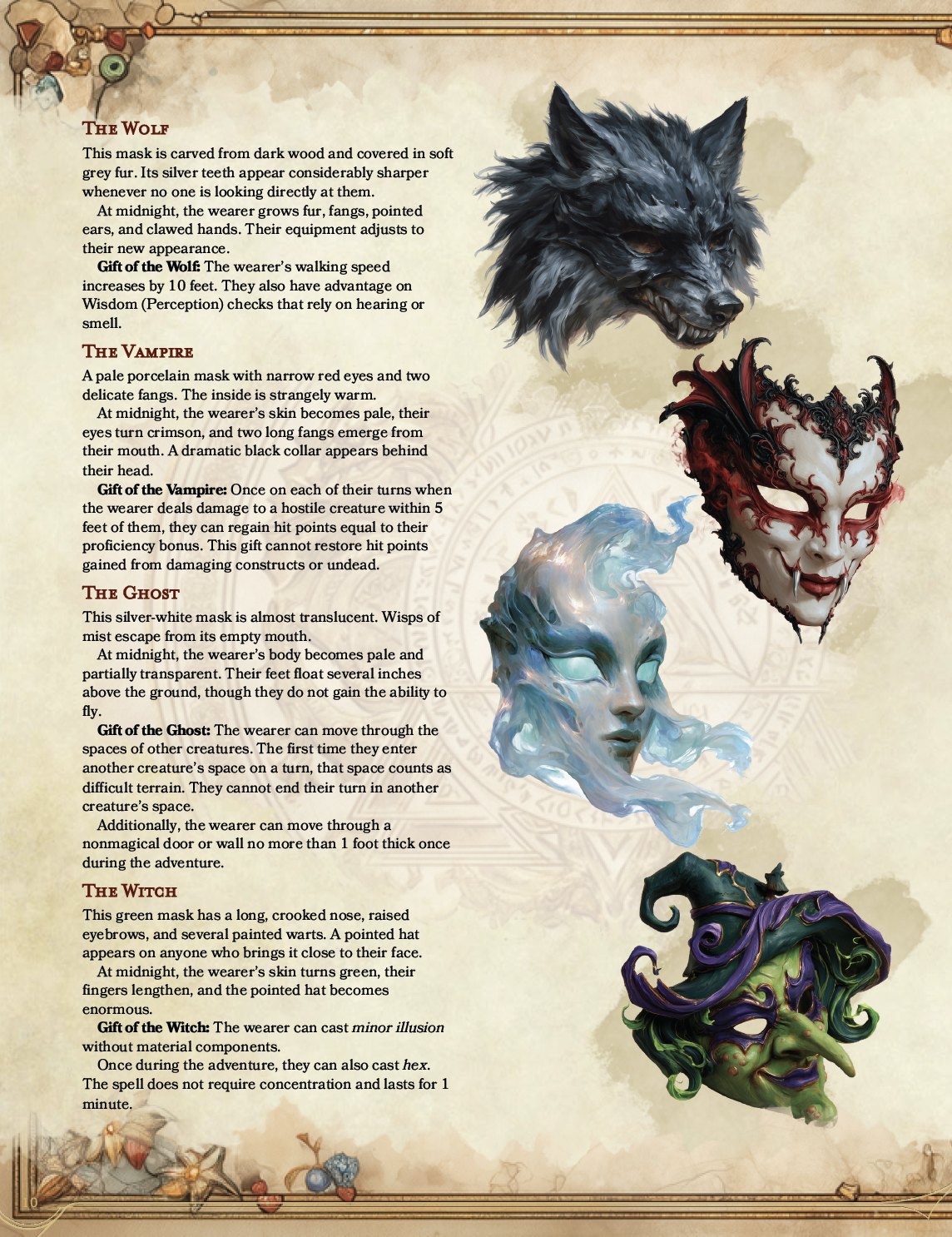 The Monster Mash sample page: the Wolf, Vampire, Ghost and Witch masks